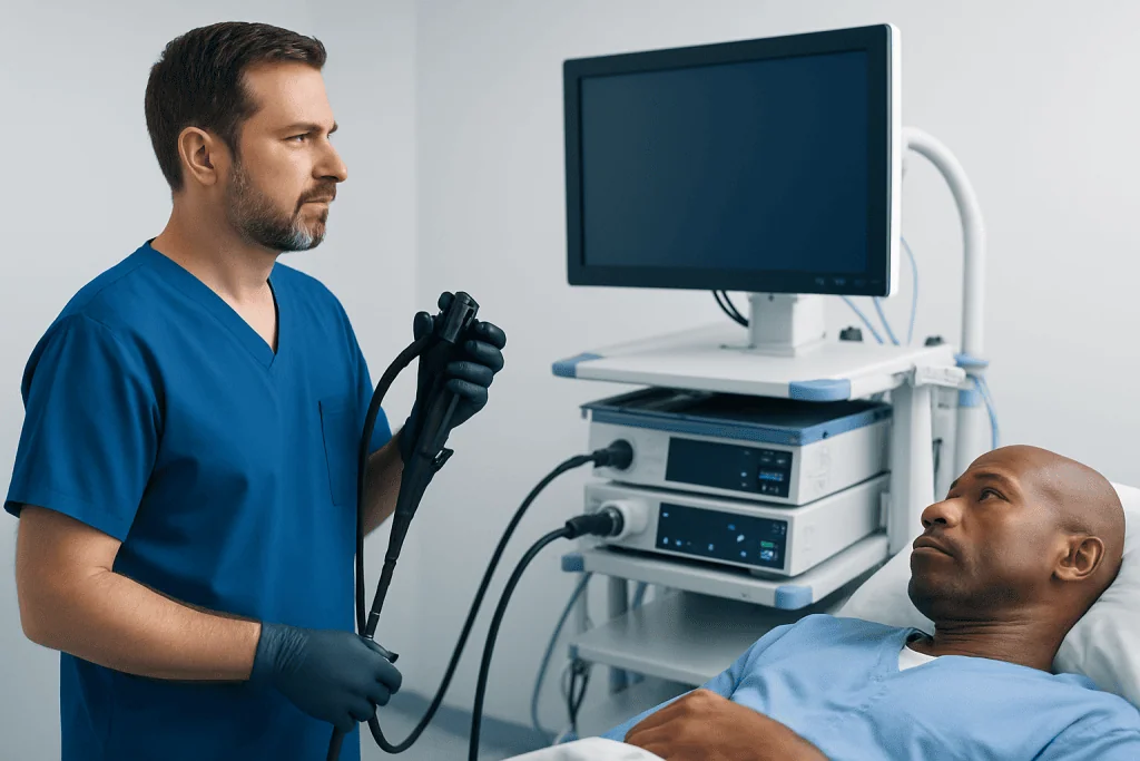 Doctor preparing for a colonoscopy procedure in a hospital setting.