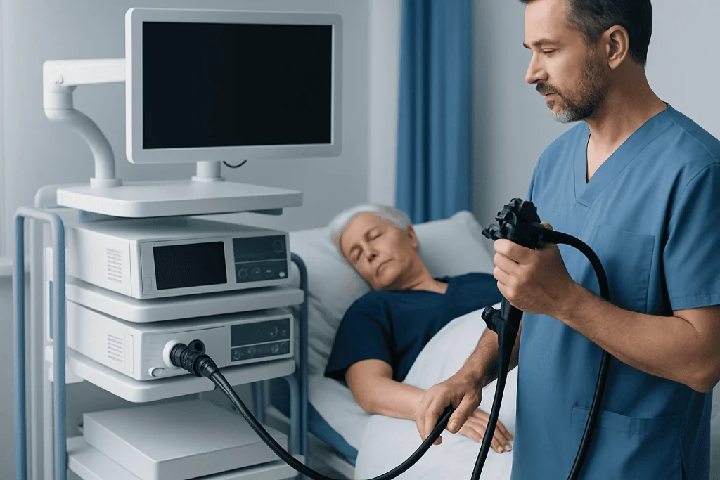 Doctor performing a colonoscopy on an elderly patient in a hospital room.