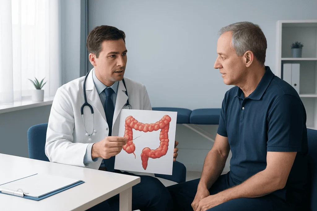 Doctor explaining colon anatomy to patient with model of large intestine.