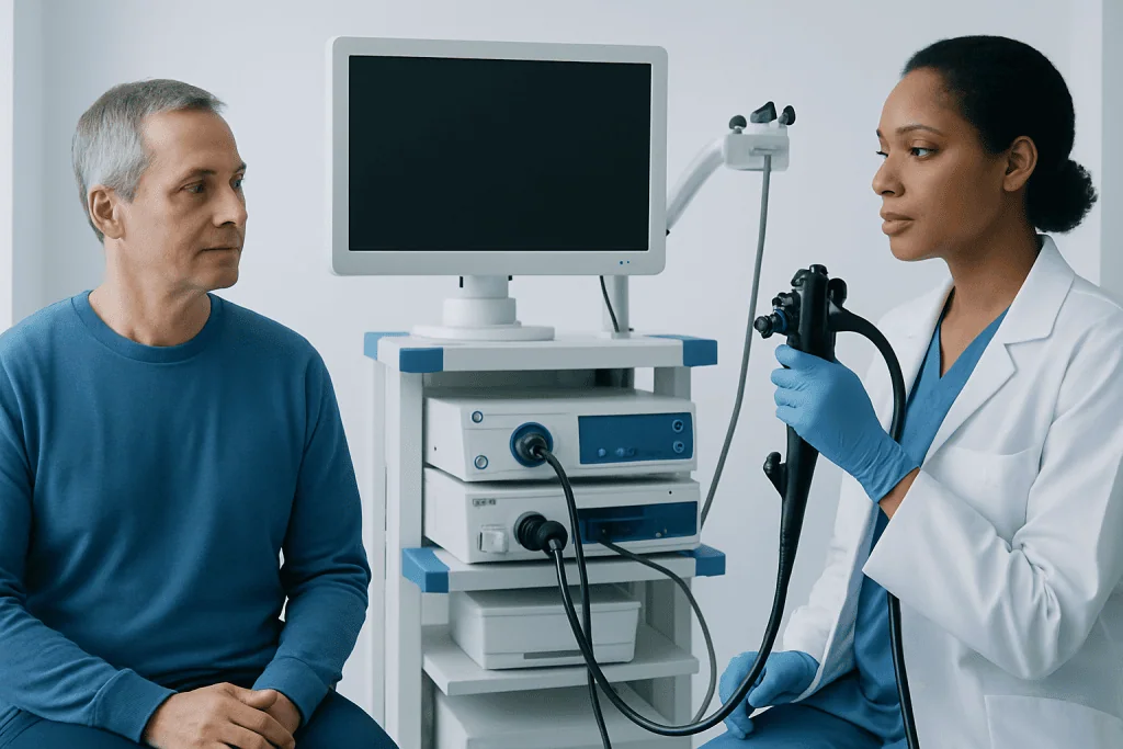 Doctor explains colonoscopy procedure to patient in a medical clinic.