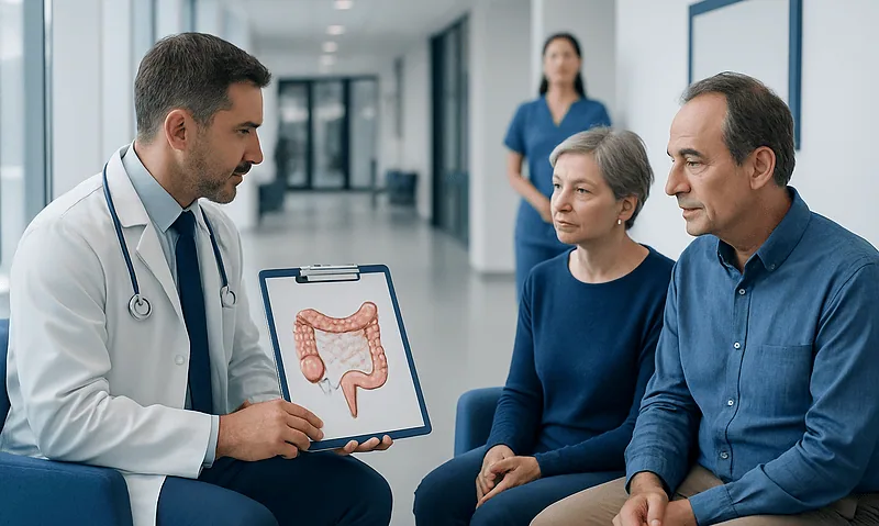 Doctor explains colorectal health to senior patients in hospital corridor.