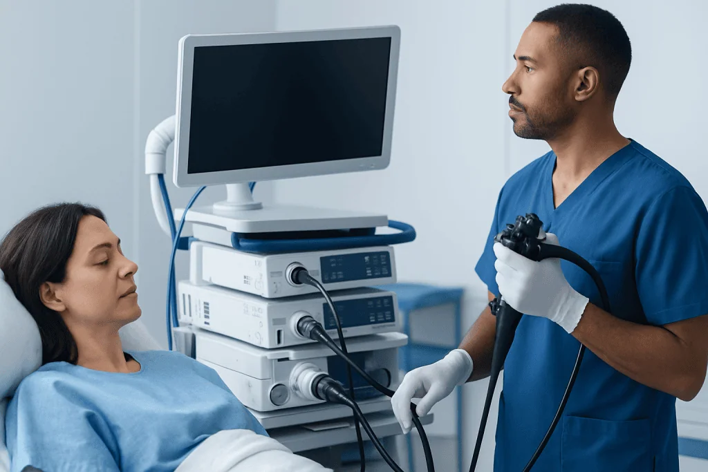 Doctor preparing for a colorectal procedure with patient in hospital bed.