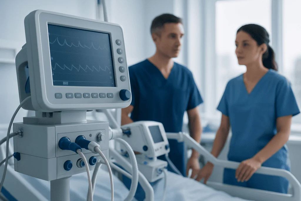 Medical professionals in a hospital room with monitoring equipment.