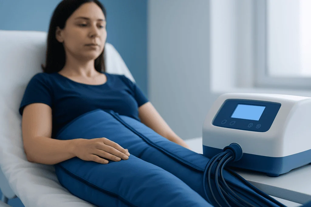 Woman undergoing lymphatic therapy with medical device at hospital.