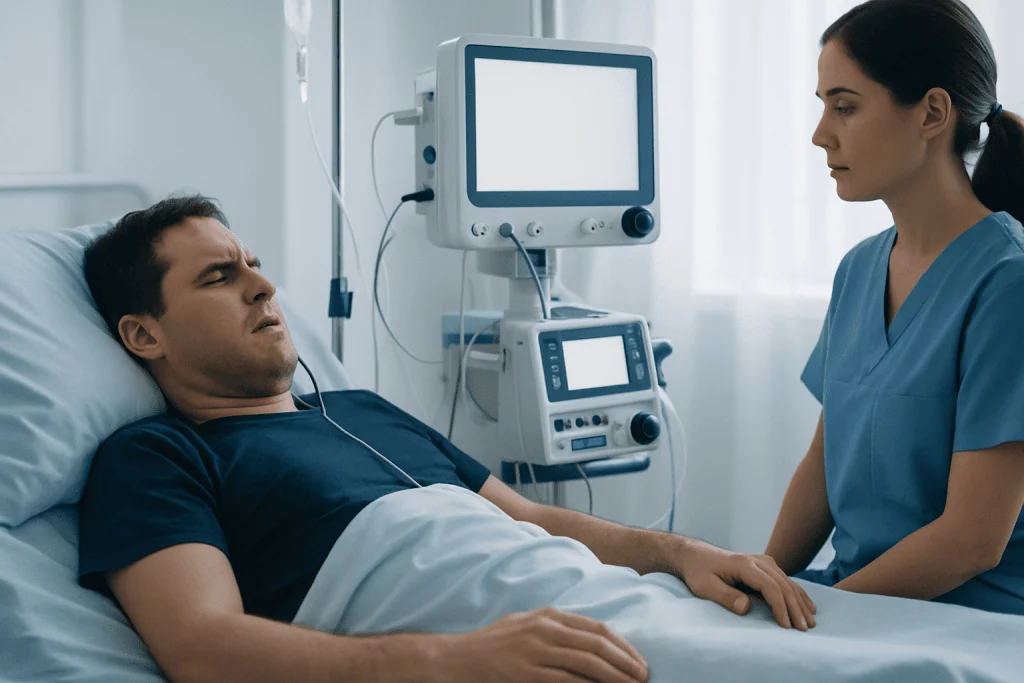 Patient undergoing medical monitoring in a hospital bed with healthcare professional present.