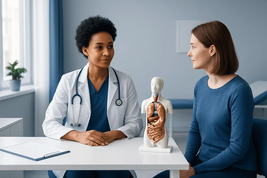 Doctor explaining digestive system to patient in medical consultation room.