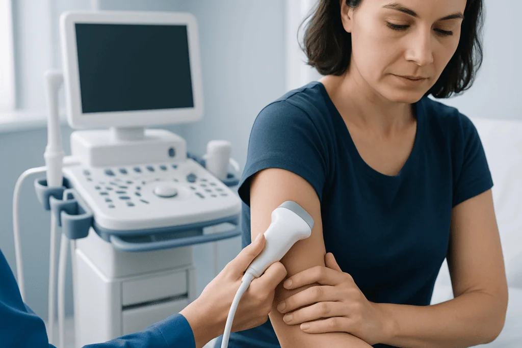 Medical professional performing an ultrasound on a woman's arm at Acibadem Hospital.