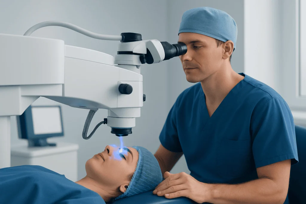Surgeon performing eye surgery using a microscope in a modern clinic.