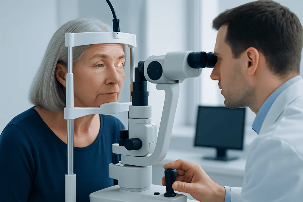 Ophthalmologist examining an elderly woman's eye with a slit lamp.
