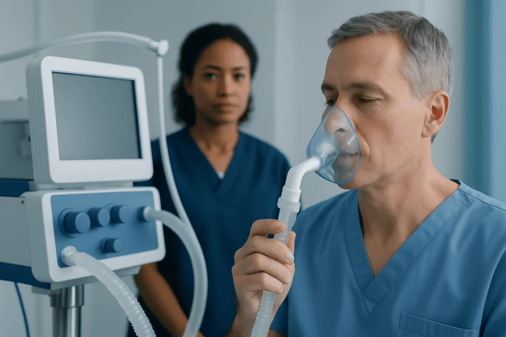 Doctor using a nebulizer for respiratory treatment in a clinical setting.