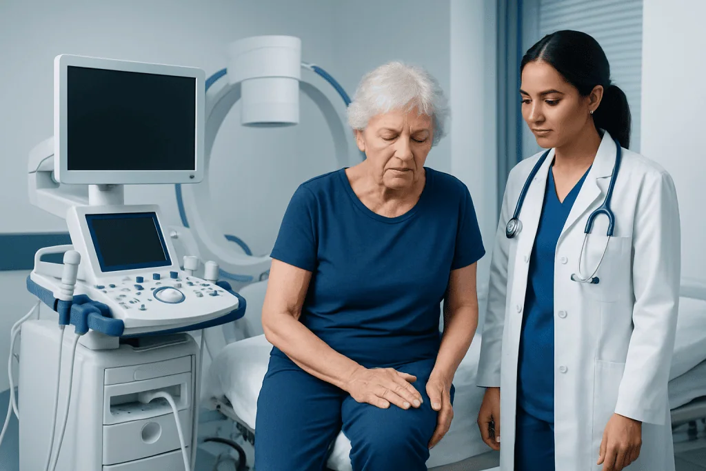 Doctor consulting elderly patient in hospital room with medical equipment.