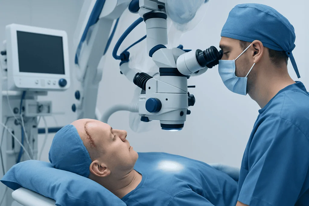 Surgeon performing brain surgery using a microscope in an operating room.