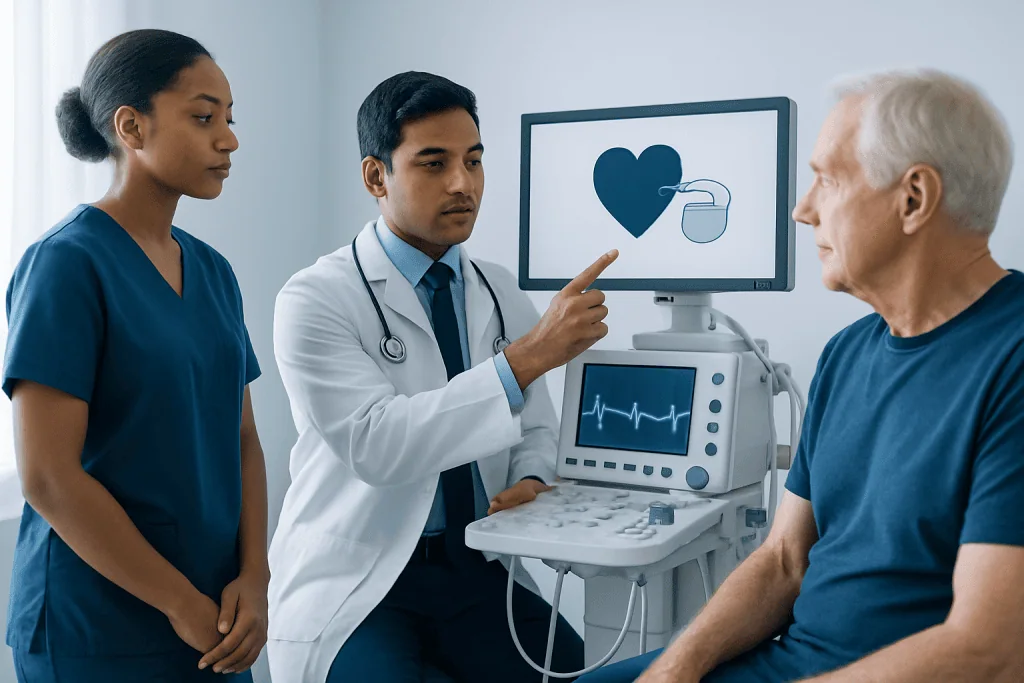 Doctor explaining heart health to patient with medical monitor in background.