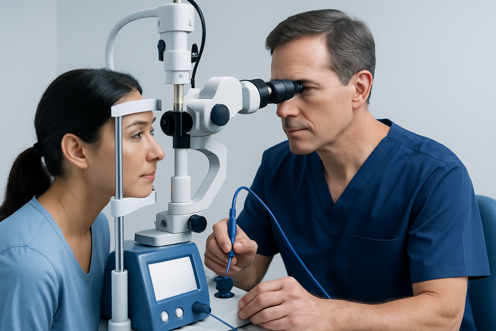 Ophthalmologist performs eye examination using slit lamp and microscope.