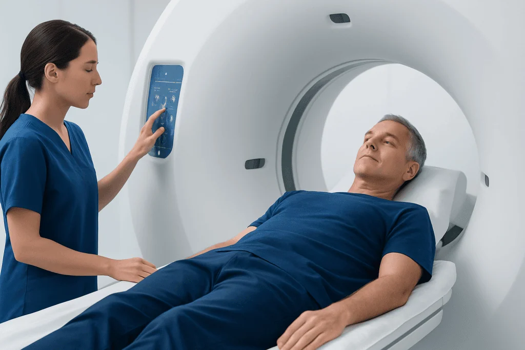 Patient undergoing CT scan at Acibadem Hospital for colon health assessment.