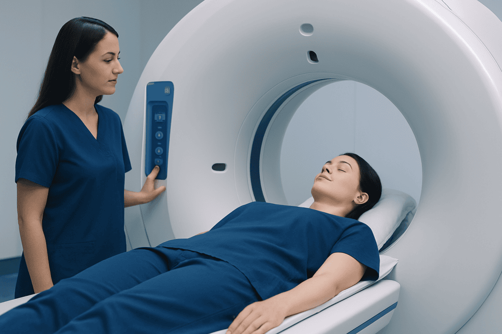 Patient undergoing a CT scan in a medical facility at Acibadem Hospitals Group.