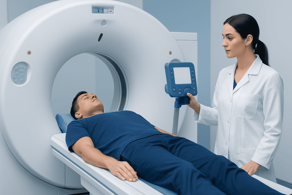 Patient undergoing CT scan in a medical facility with healthcare professional.