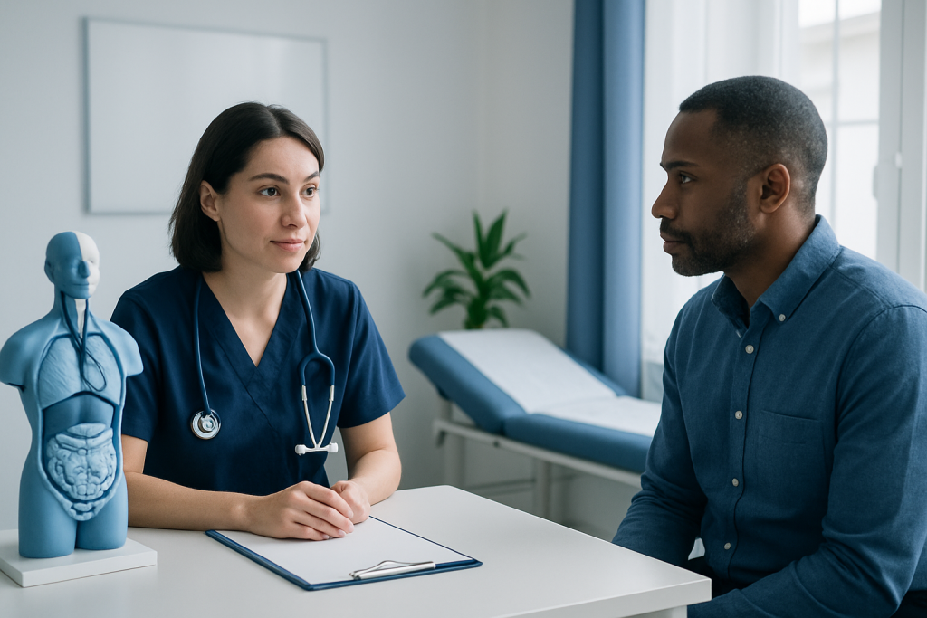 Doctor consulting with patient in a medical office with anatomical model.