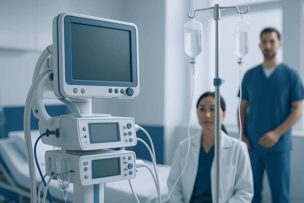 Medical team with monitors and IVs in a hospital setting.