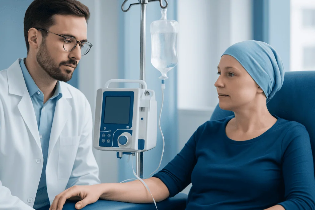 Doctor monitoring patient receiving IV treatment at hospital.