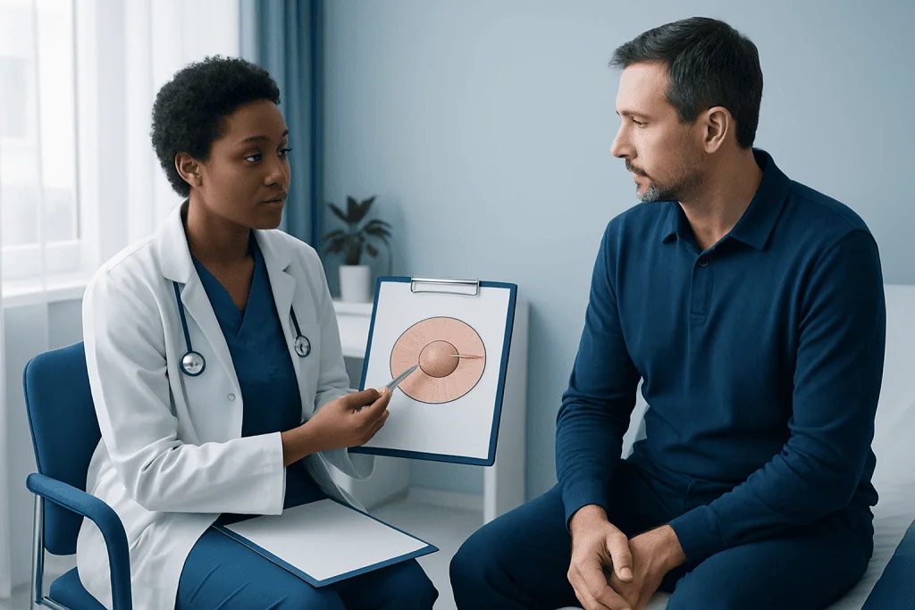 Doctor explaining cyst removal procedure to patient in consultation room.