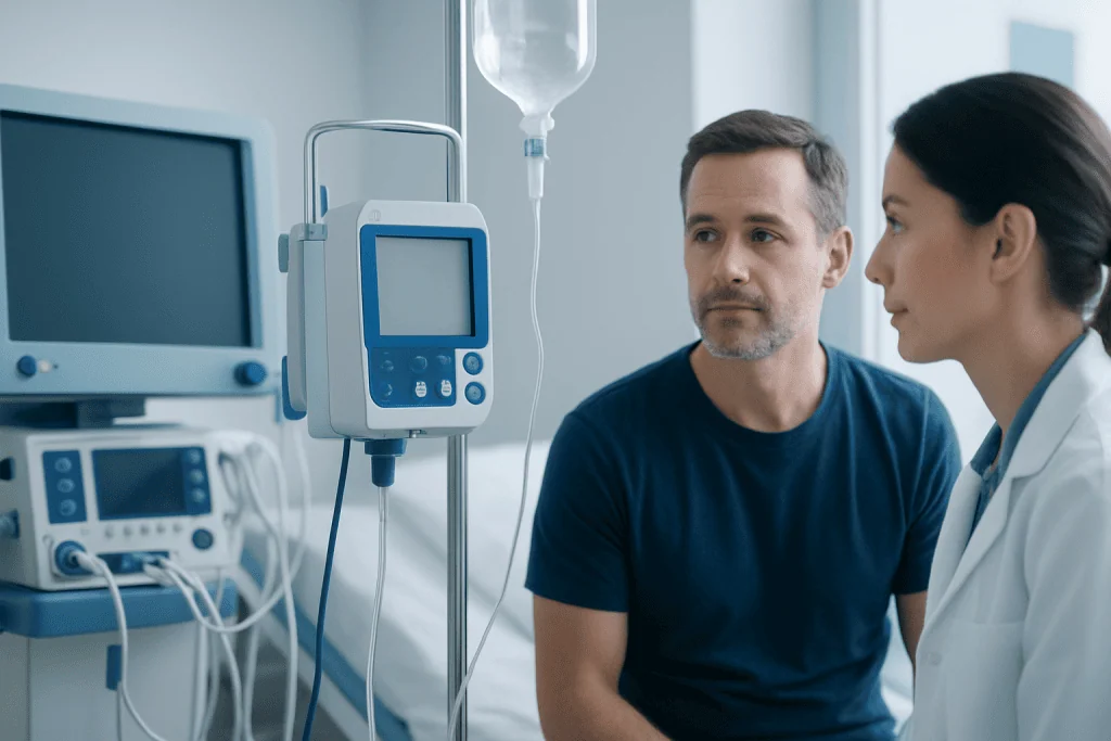 Doctor consulting patient in hospital with medical equipment nearby.