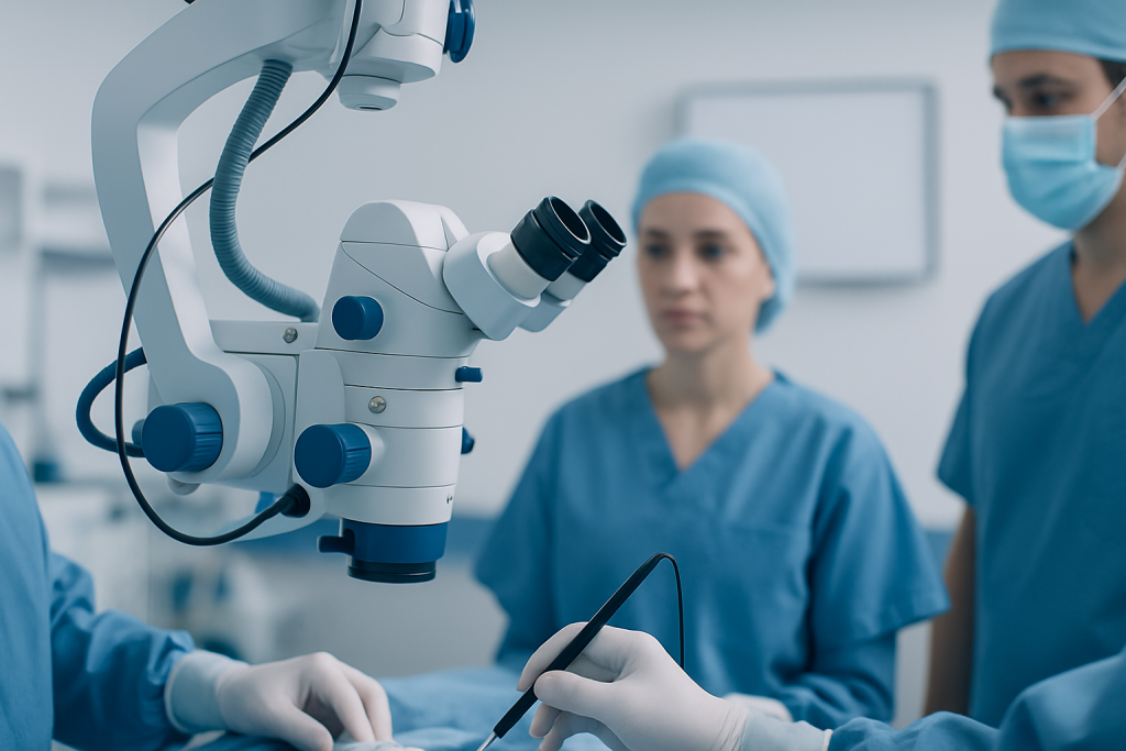 Surgeons using a microscope during a surgical procedure at Acibadem Hospitals Group.