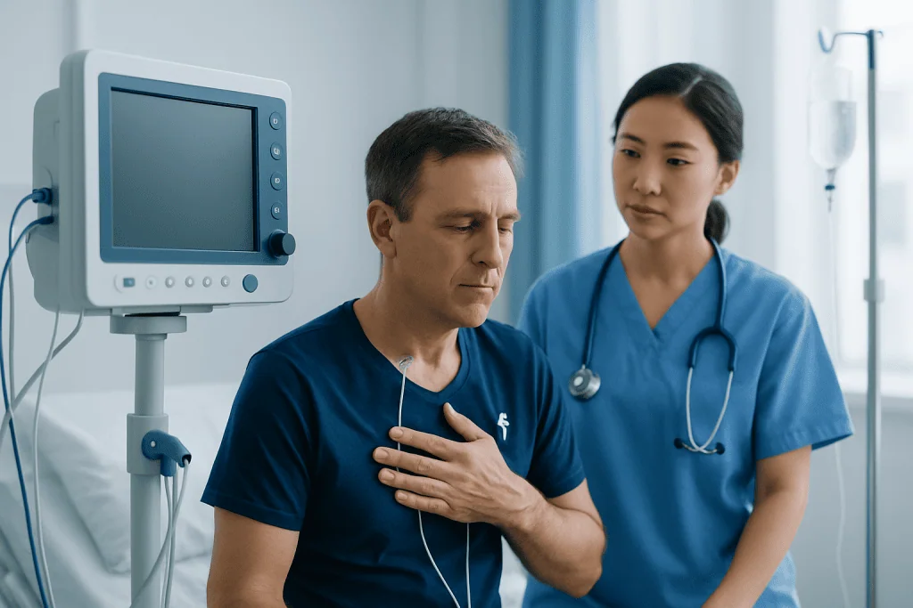 Doctor examines patient with heart monitor in hospital room.