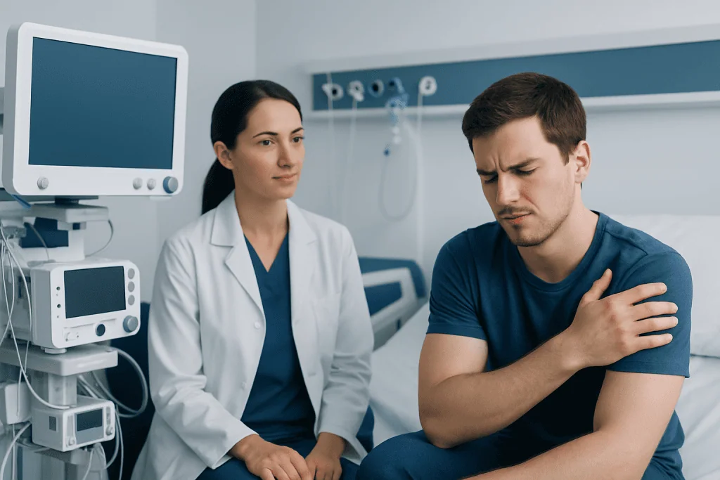 Patient experiencing shoulder pain during medical consultation at hospital.