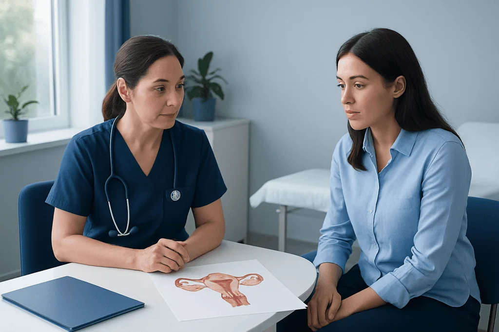 Doctor explaining ovarian anatomy to patient in consultation room.