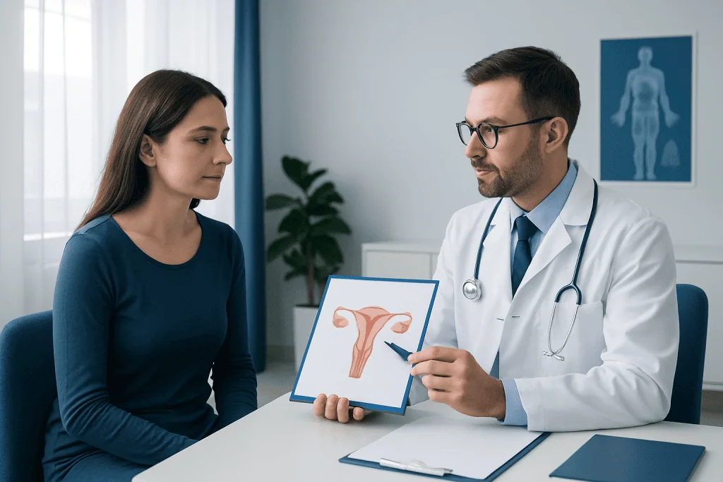 Doctor explaining uterine health to a patient in a clinic setting.
