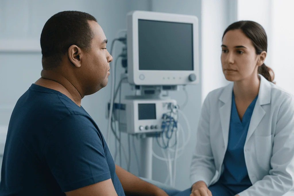 Doctor consulting with patient in a medical examination room at Acibadem Hospitals.