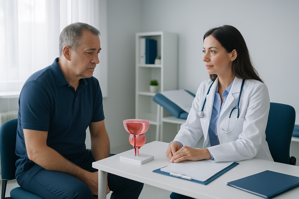 Urologist explaining prostate health to a patient in a clinic.