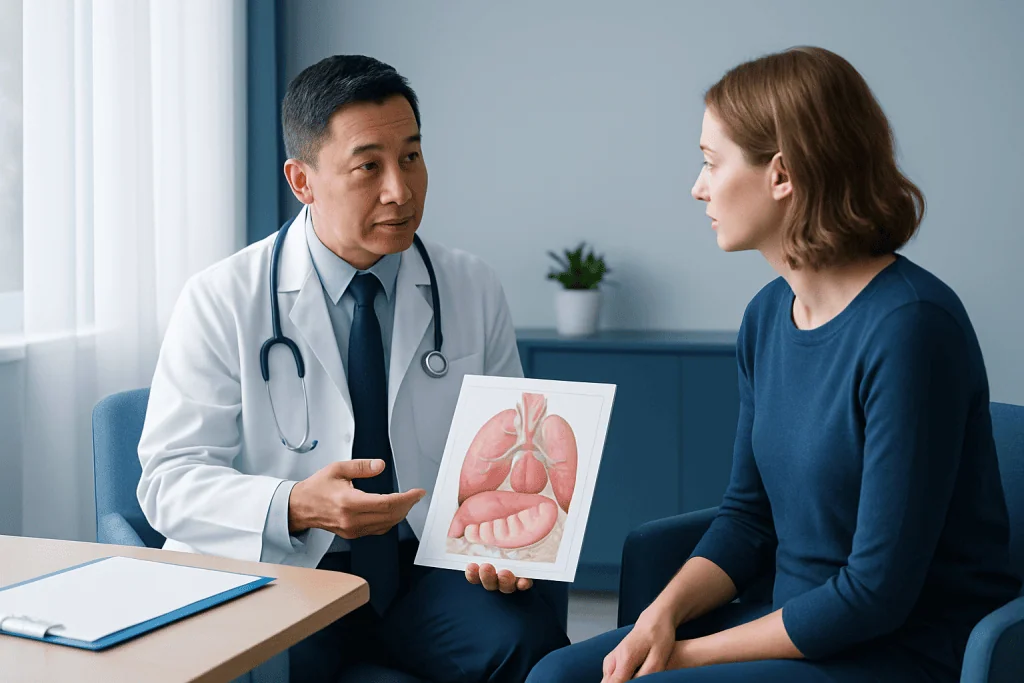 Doctor explaining diaphragm anatomy to patient in consultation room.