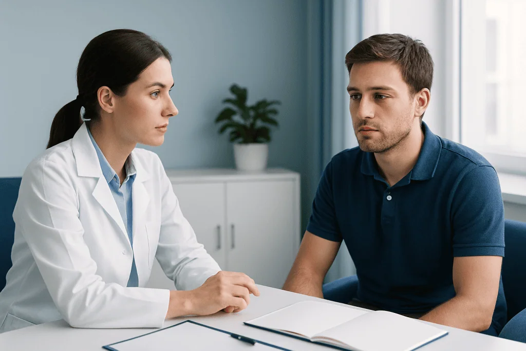 Doctor consulting with a male patient in a medical office.