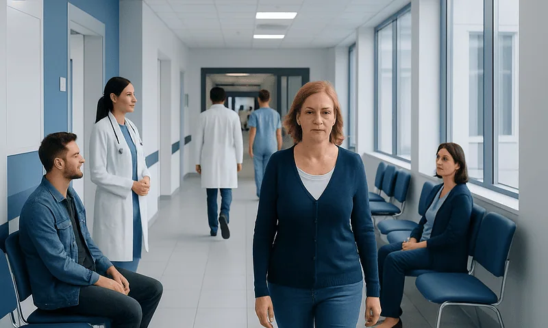 Patients waiting in a hospital corridor with medical staff present.