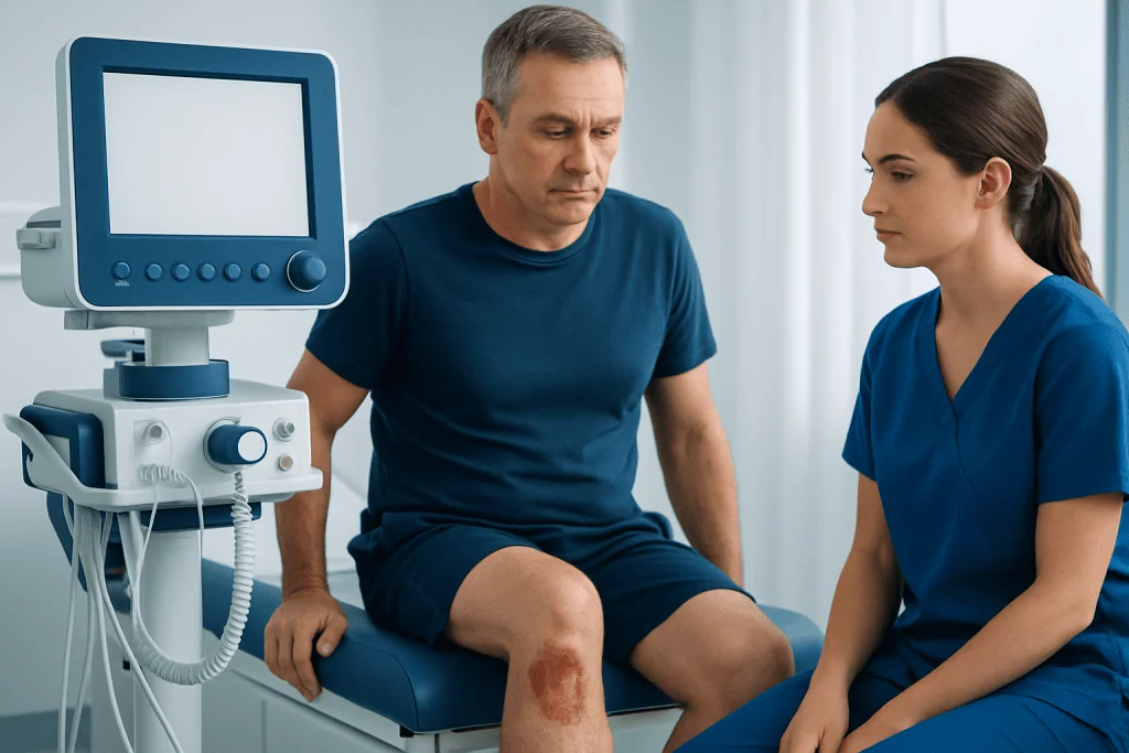 Doctor examining leg ulcers in a clinical setting with medical equipment nearby.