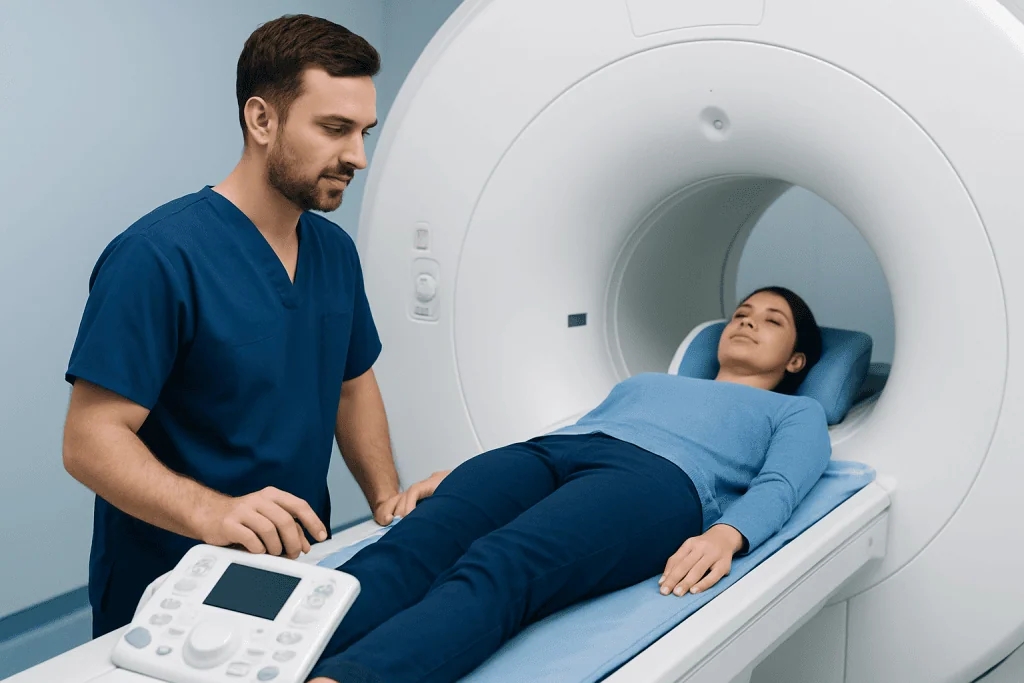 Medical technician prepares patient for MRI scan in hospital setting.