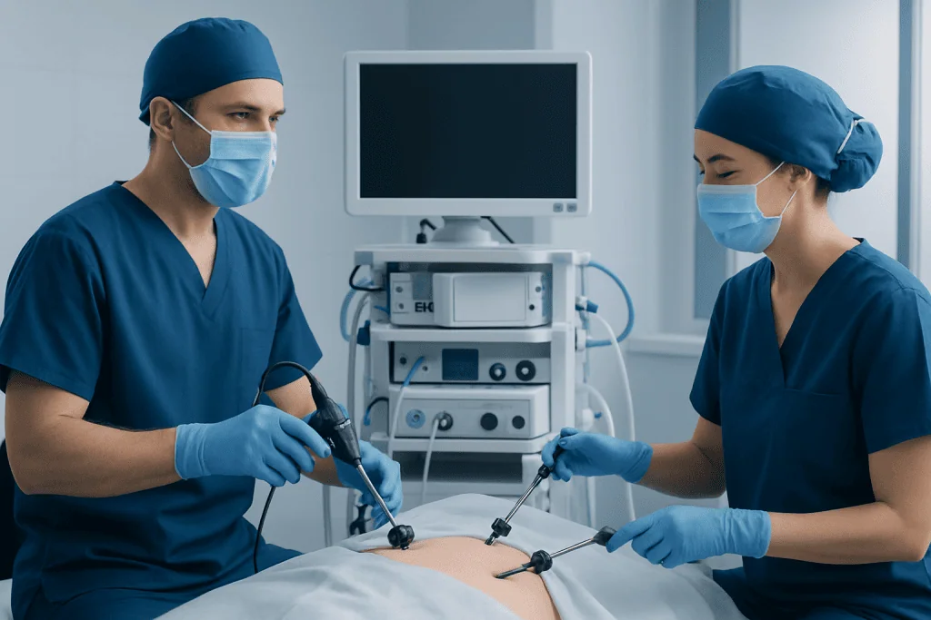 Surgeons performing minimally invasive gastrointestinal surgery in hospital.