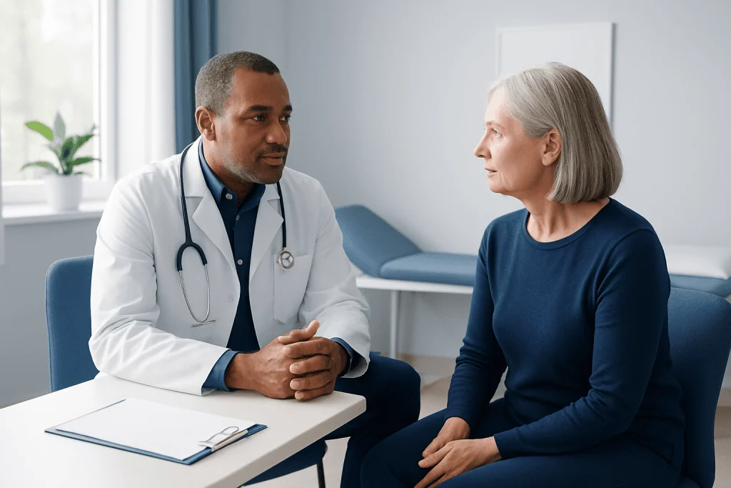 Doctor consulting with an elderly female patient in a medical office.
