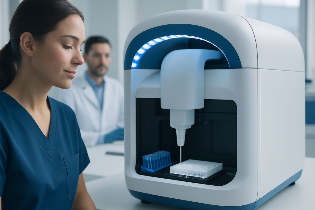 Laboratory technician using advanced DNA testing machine at hospital.