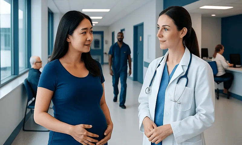 Pregnant woman consulting with a doctor in a hospital corridor.