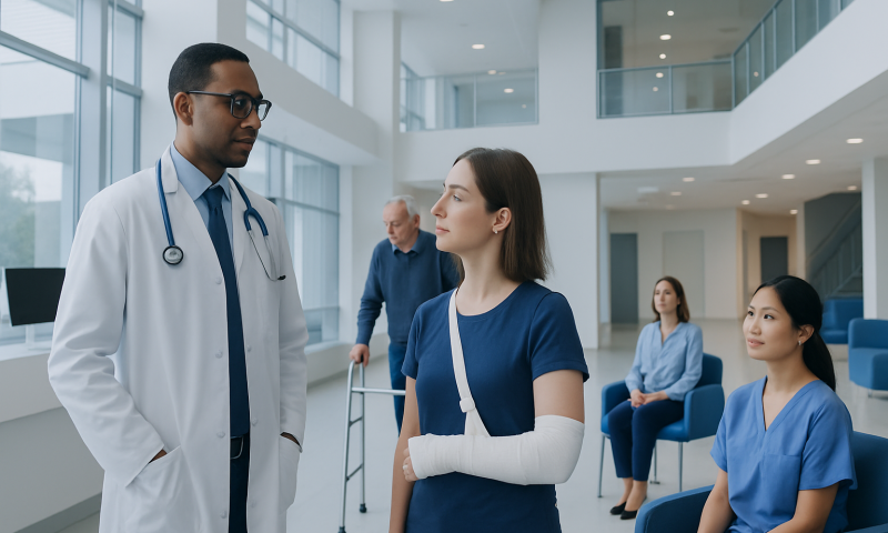 Doctor talking to patient in hospital corridor with other patients nearby.