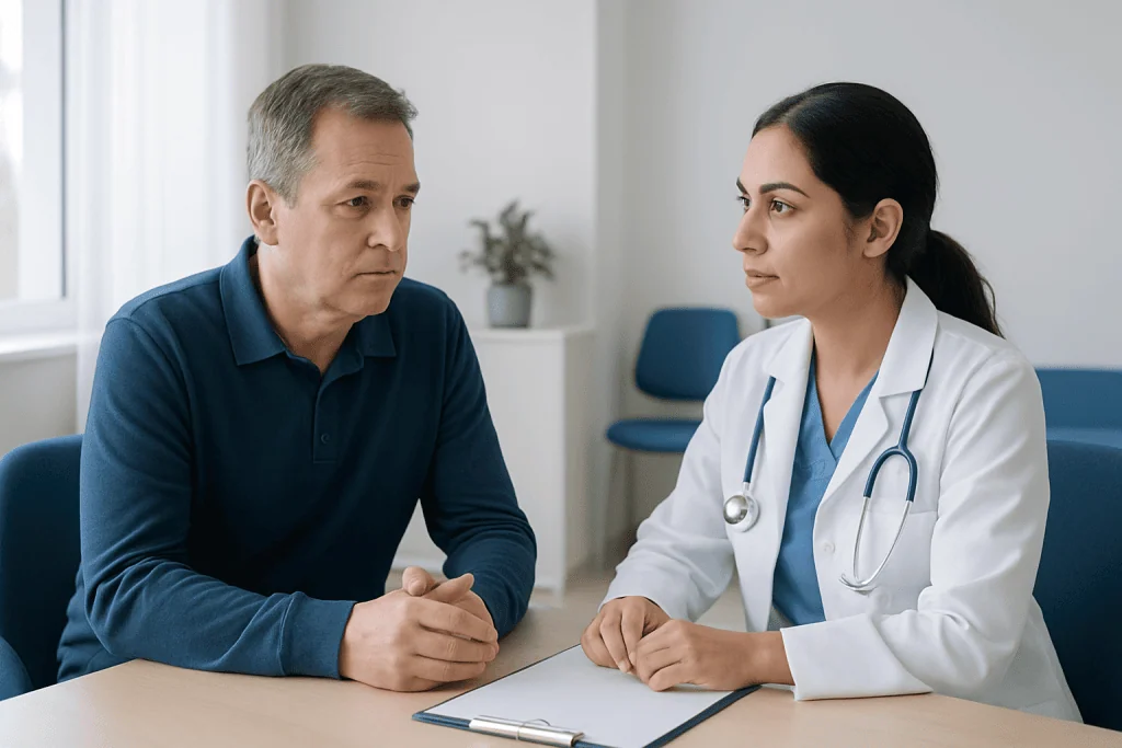 Doctor consulting with a male patient in a medical office setting.