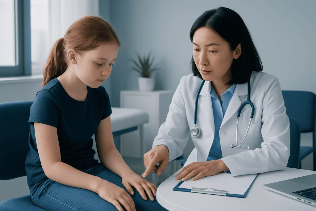 Pediatric doctor examining a young girl in a medical consultation room.