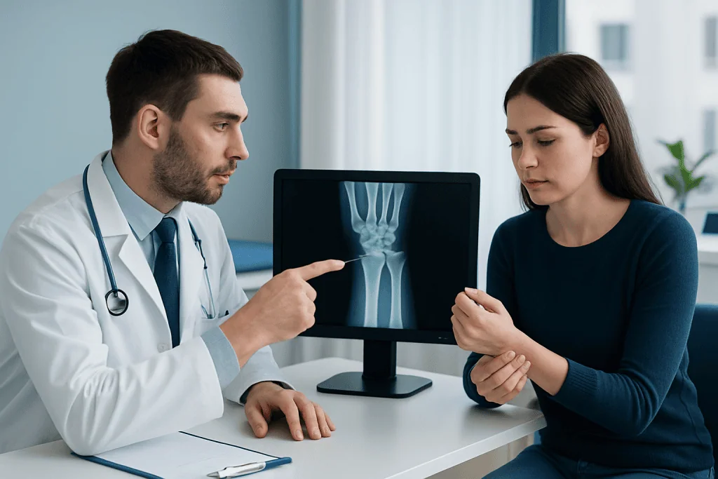 Doctor explains wrist X-ray to patient in a medical consultation.