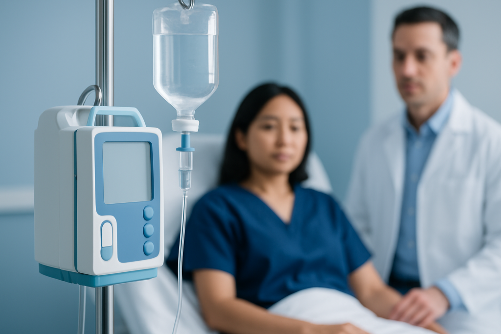 Patient receiving IV therapy in a hospital setting with medical staff nearby.