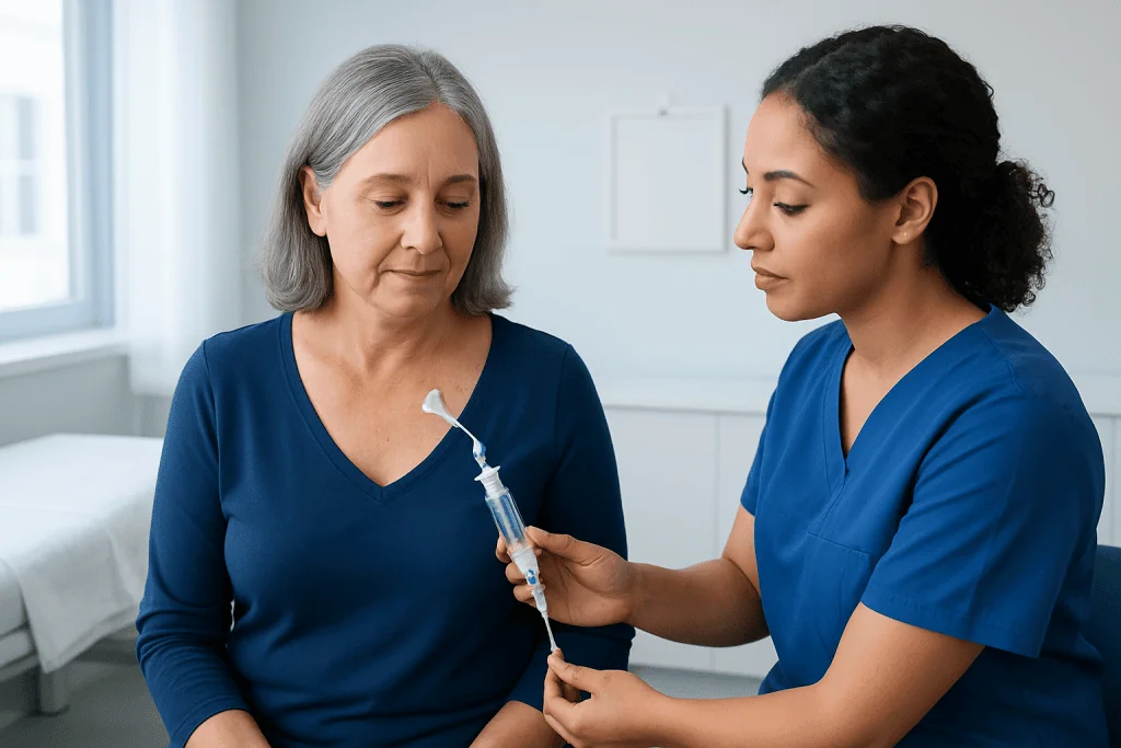 Nurse preparing to administer medication to an elderly patient in a hospital room.