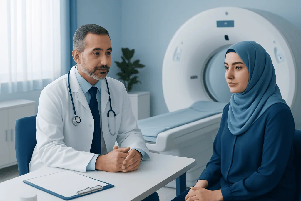 Doctor consulting a patient before a CT scan in a medical clinic.