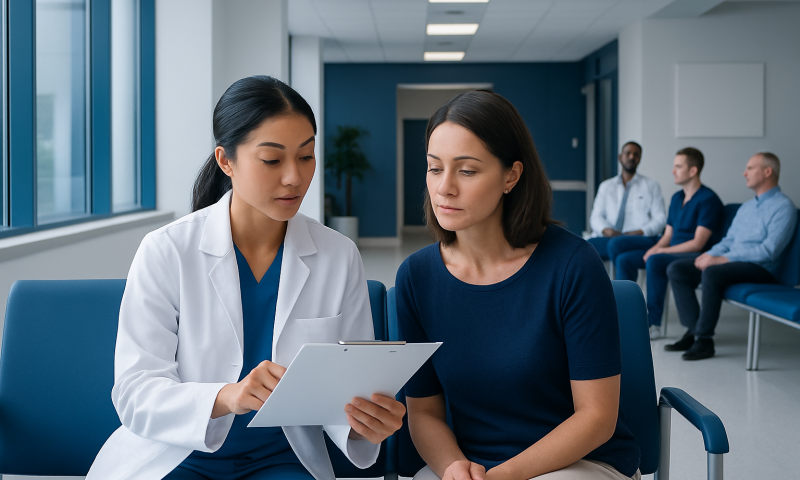 Doctor explaining biopsy results to patient in hospital waiting area.